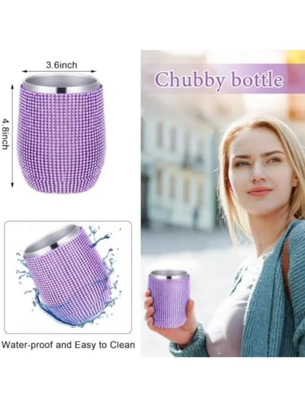 3 Pcs Purple Rhinestone Insulated Stainless Steel Tumbler Set - Stylish